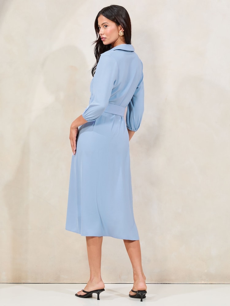 Lipsy Blue Petite 3/4 Sleeve Button Through Midi Shirt Dress - Image 4 of 4