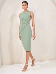 Lipsy Sage Green Sleeveless Hardware Detail Bodycon Midi Dress - Image 1 of 4