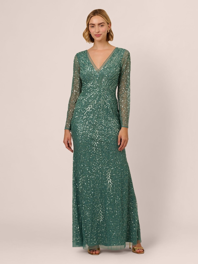 Adrianna Papell Green Long Sleeve Bead Long Dress - Image 1 of 7 Adrianna Papell Green Long Sleeve Bead Long Dress - Image 1 of 7