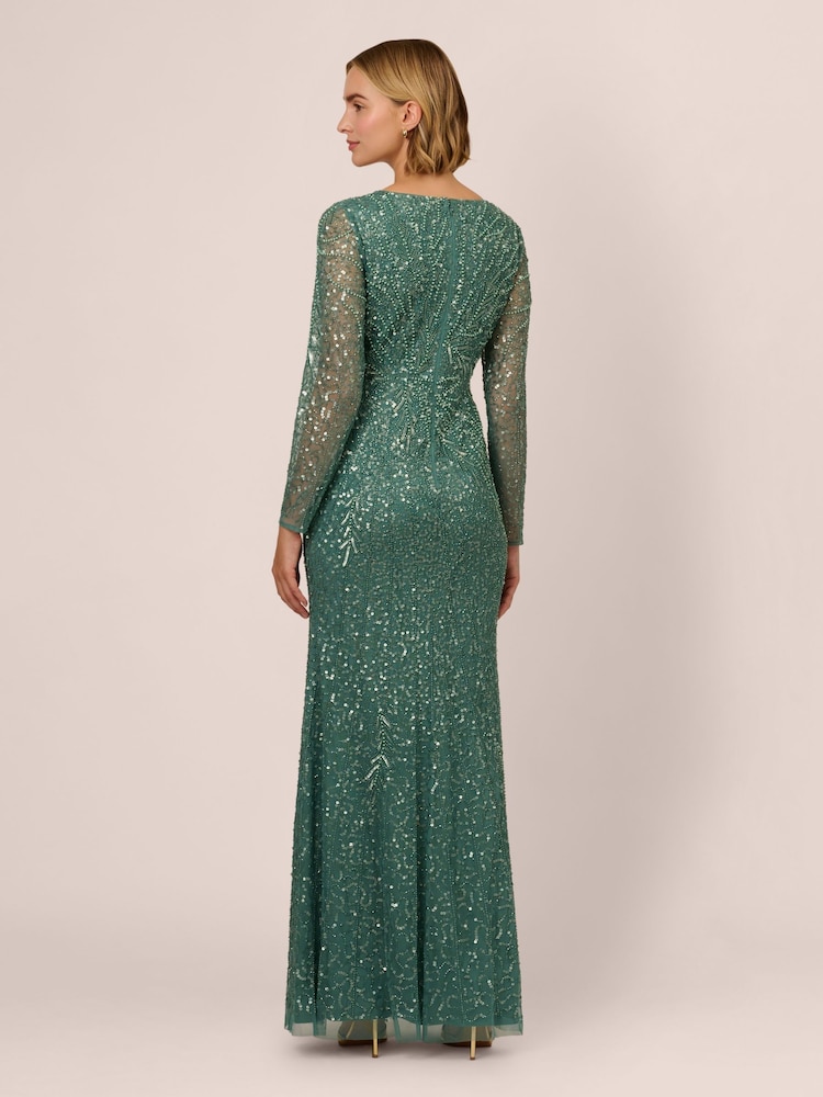 Adrianna Papell Green Long Sleeve Bead Long Dress - Image 2 of 7 Adrianna Papell Green Long Sleeve Bead Long Dress - Image 2 of 7