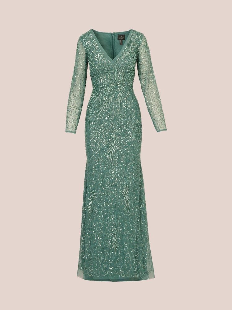 slim fit dress slacks Embellished Sequin Bishop Sleeve Maxi Dress - Emerald Green