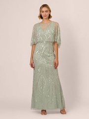 Adrianna Papell Green Cape Beaded Long Dress - Image 1 of 7
