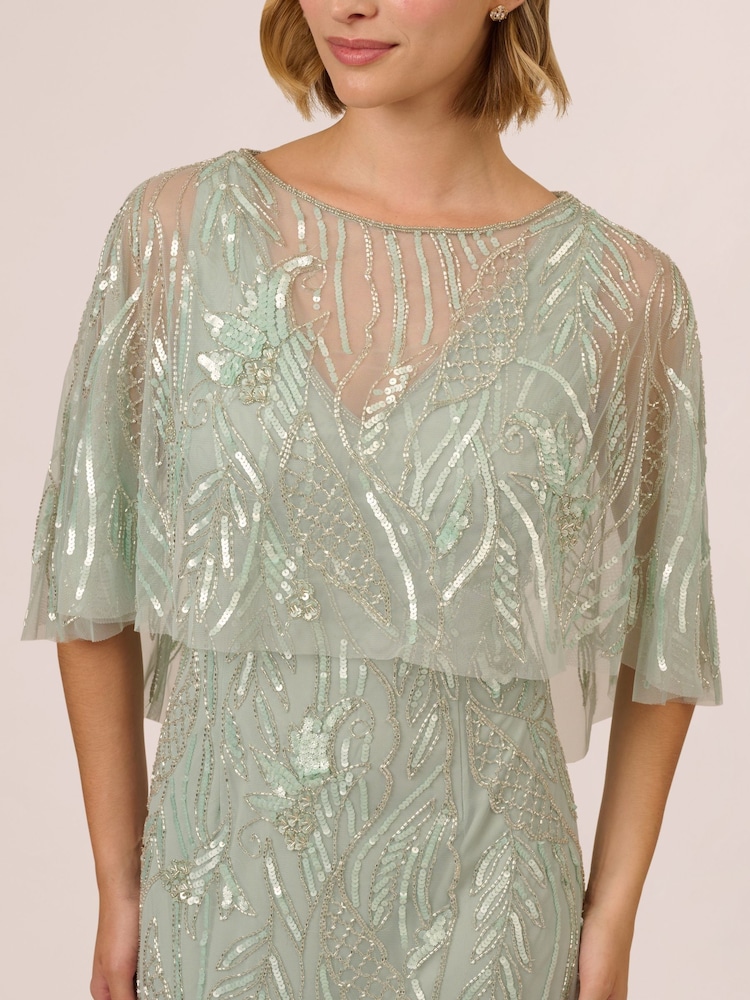 Adrianna Papell Green Cape Beaded Long Dress - Image 4 of 7