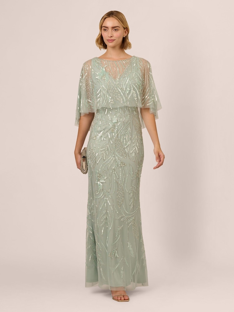 Adrianna Papell Green Cape Beaded Long Dress - Image 5 of 7