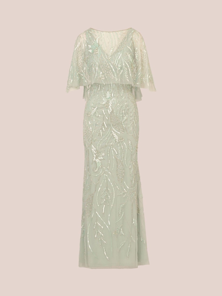 Adrianna Papell Green Cape Beaded Long Dress - Image 6 of 7
