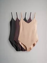 The Set Black/Chocolate Brown/Nude 3 Pack Soft Touch Polyamide Strappy Vest Bodysuit - Image 1 of 14