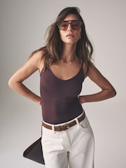 The Set Black/Chocolate Brown/Nude 3 Pack Soft Touch Polyamide Strappy Vest Bodysuit - Image 7 of 14