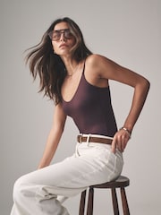 The Set Black/Chocolate Brown/Nude 3 Pack Soft Touch Polyamide Strappy Vest Bodysuit - Image 8 of 14