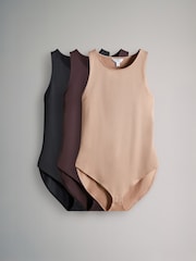 The Set Black/Chocolate Brown/Nude Polyamide Racer Neck Bodysuits 3 Pack - Image 1 of 15