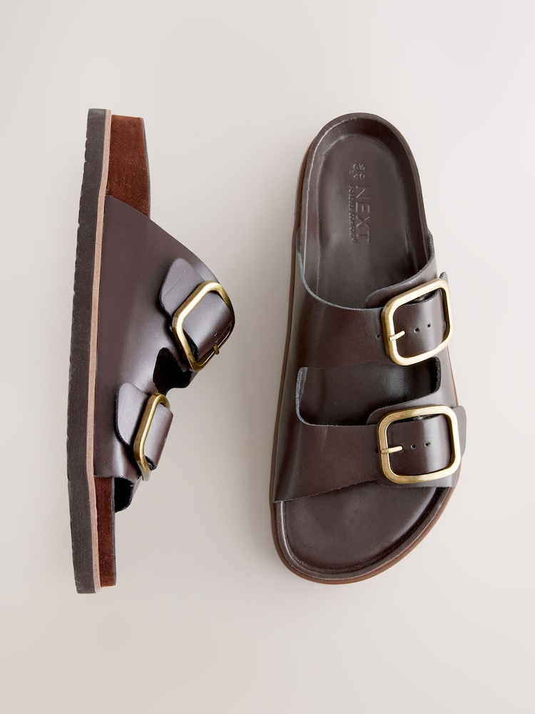 Chocolate Brown Leather Forever Comfort® Premium Double Strap Footbed Sandals - Image 3 of 7