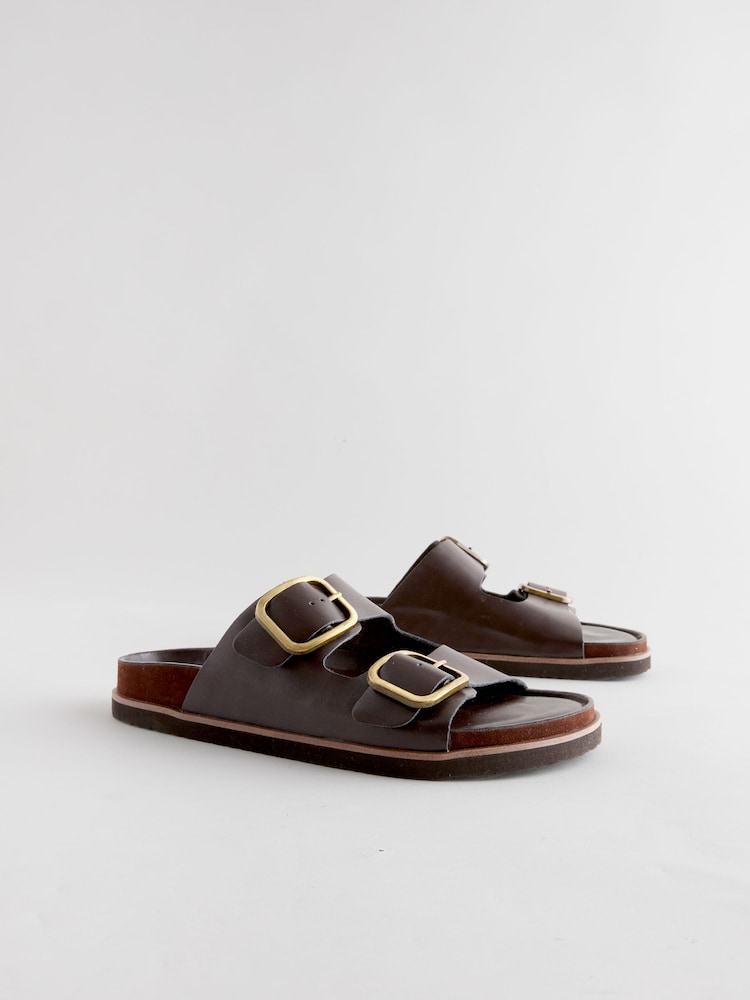 Chocolate Brown Leather Forever Comfort® Premium Double Strap Footbed Sandals - Image 4 of 7