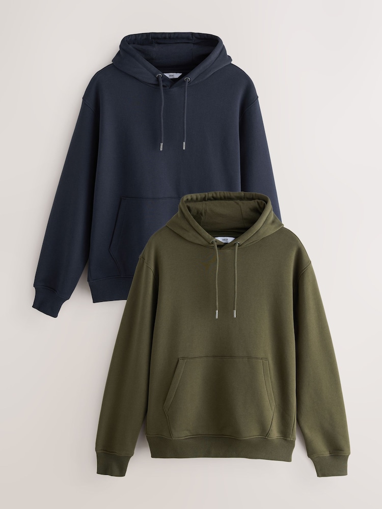 Blue/Khaki Green Cotton Rich Jersey Overhead Hoodies 2 Pack - Image 1 of 5 Blue/Khaki Green Cotton Rich Jersey Overhead Hoodies 2 Pack - Image 1 of 5