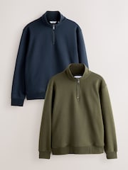 Marineblau/Khakigrün - Cotton Rich Heavyweight Jersey Quarter Zip Neck Sweatshirt - Bild 1 von 6
