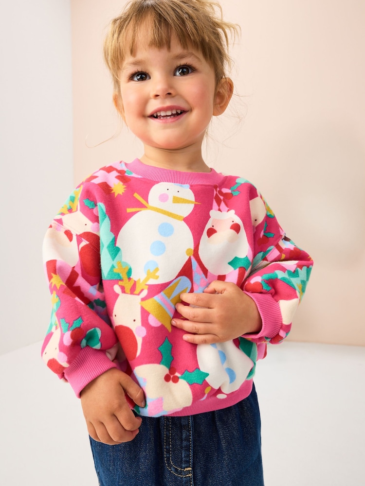 Bright Pink Christmas Print Crew Neck Sweatshirt (3mths-7yrs) - Image 1 of 7