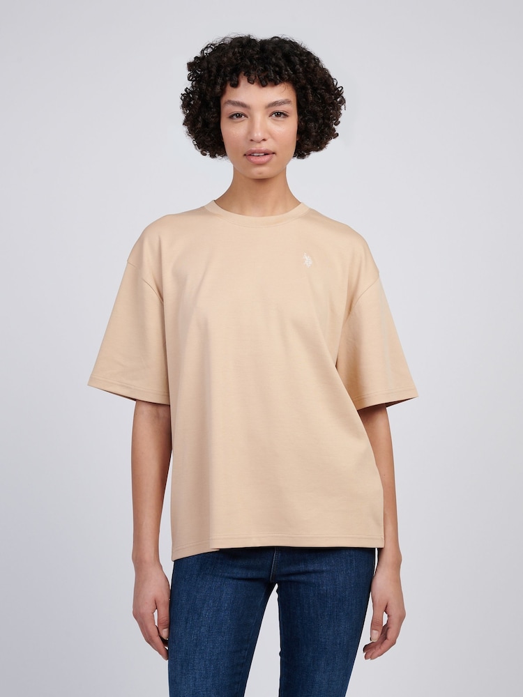 U.S. Polo Assn. Natural Womens 100% Cotton Tonal Double Horsemen Loose Crew Neck T-Shirt - Image 1 of 7