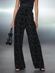 Black Velvet Floral Wide Leg Trousers - Image 3 of 8