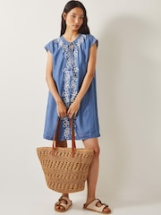 Monsoon Blue Isolde Embroidered Chambray Mini Dress - Image 1 of 4