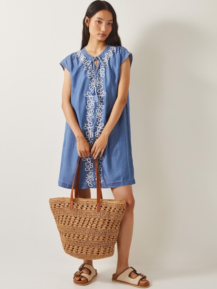 Monsoon Blue Isolde Embroidered Chambray Mini Dress - Image 1 of 4