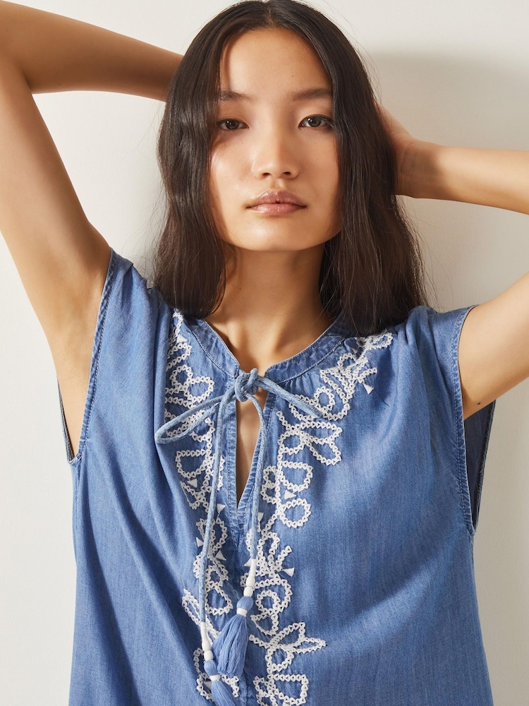Monsoon Blue Isolde Embroidered Chambray Mini Dress - Image 2 of 4