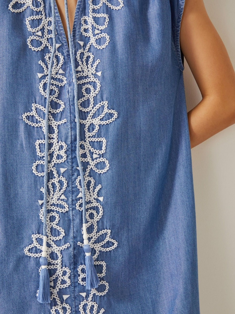 Monsoon Blue Isolde Embroidered Chambray Mini Dress - Image 3 of 4