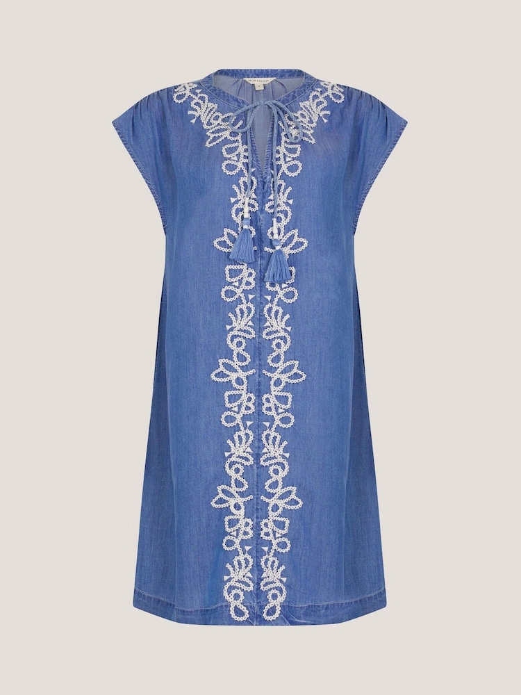 Monsoon Blue Isolde Embroidered Chambray Mini Dress - Image 4 of 4