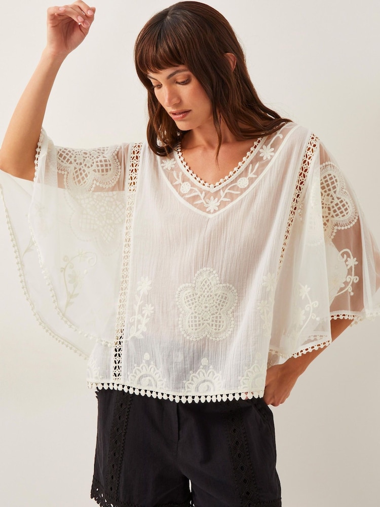 Monsoon Lena Sheer Embroidered Angel Sleeve 100% Cotton Top - صورة 1 من 4