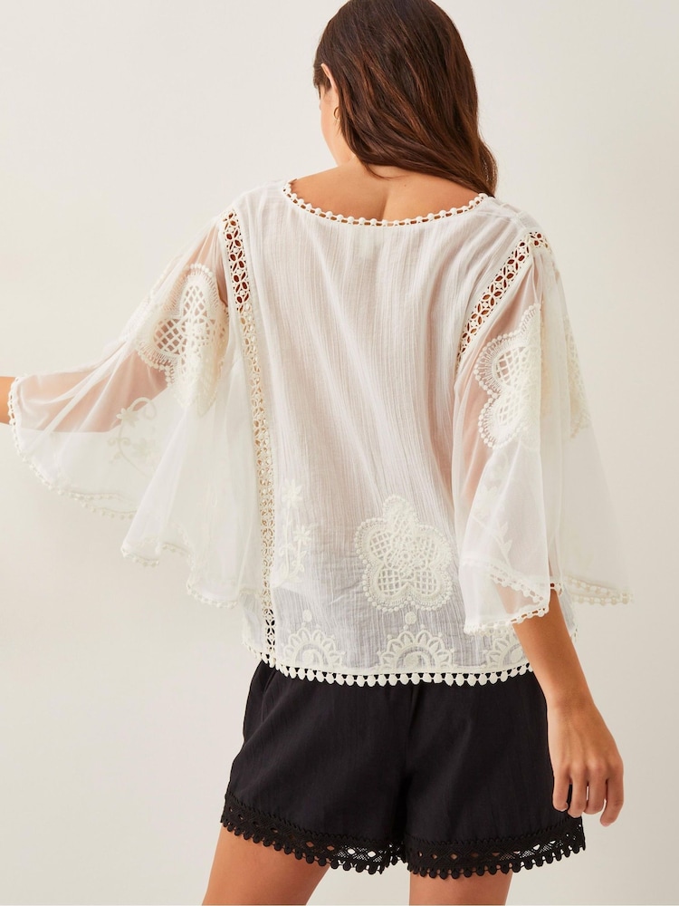 Monsoon White Lena Sheer Embroidered Angel Sleeve 100% Cotton Top - Image 2 of 4 Monsoon White Lena Sheer Embroidered Angel Sleeve 100% Cotton Top - Image 2 of 4