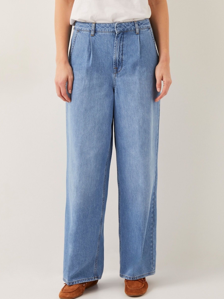 Monsoon Blue Justine Pleat Wide Leg 100% Cotton Jeans - Image 2 of 5