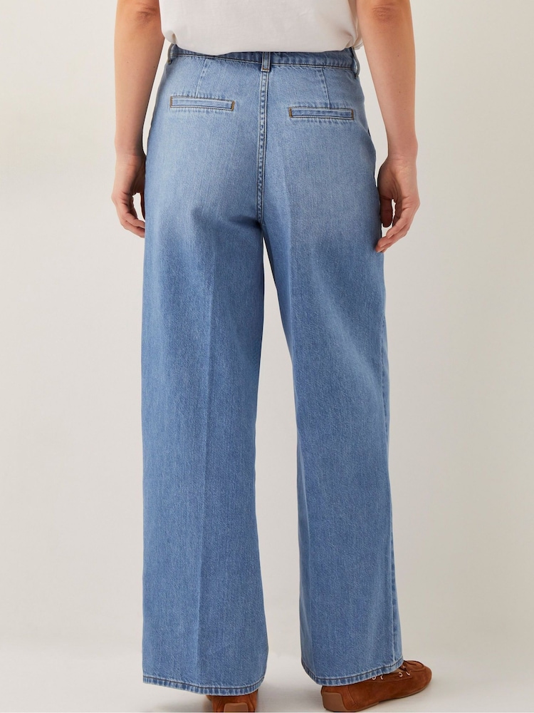 Monsoon Blue Justine Pleat Wide Leg 100% Cotton Jeans - Image 3 of 5