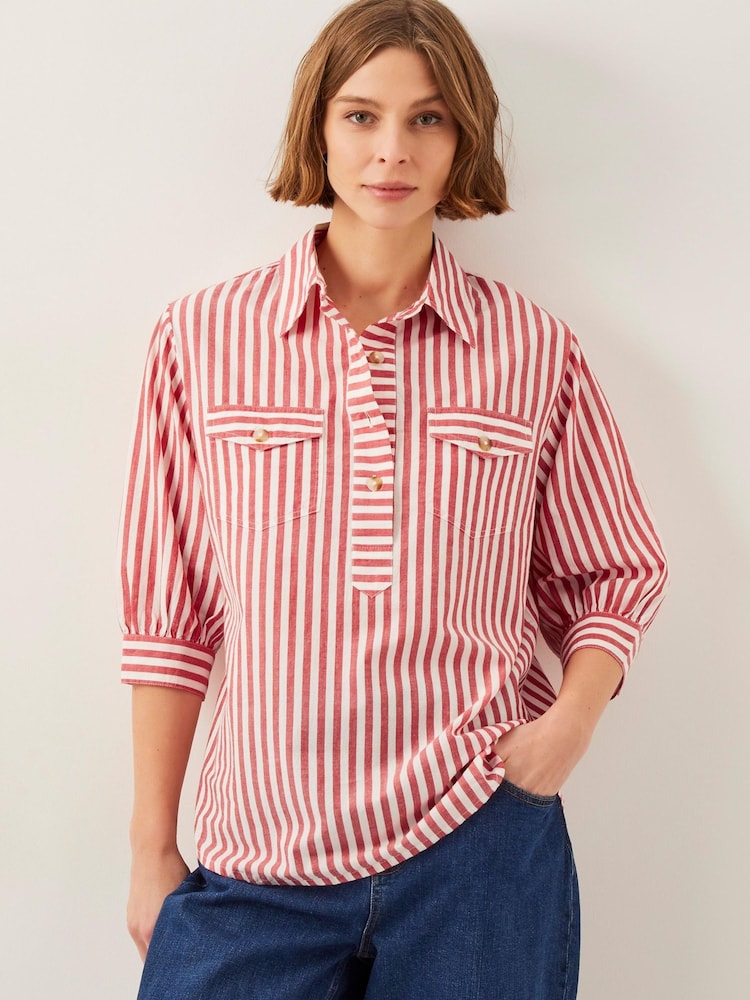 Monsoon Red Liv 3/4 Sleeve 100% Cotton Stripe Shirt - Image 1 of 5