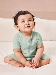 MORI Green Ribbed Stretch Cotton Blend Zip-Up Romper - Image 1 of 1