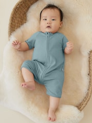 MORI Green Ribbed Stretch Cotton Blend Zip-Up Romper - Image 1 of 1