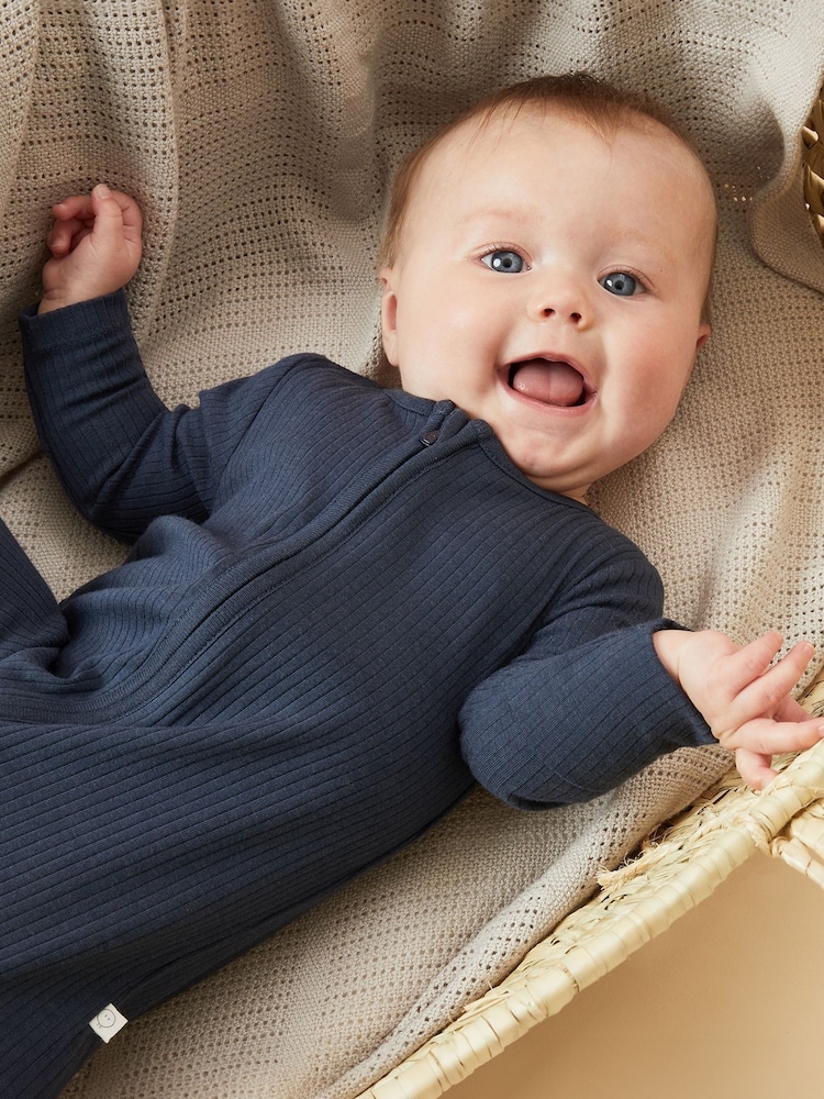 Azul marino - MORI Ribbed Stretch Cotton & Bamboo 2 Way Zip Sleepsuit - Imagen 1 de 4