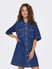 ONLY Blue Short Sleeve Denim Shirt Dress - Image 1 of 7