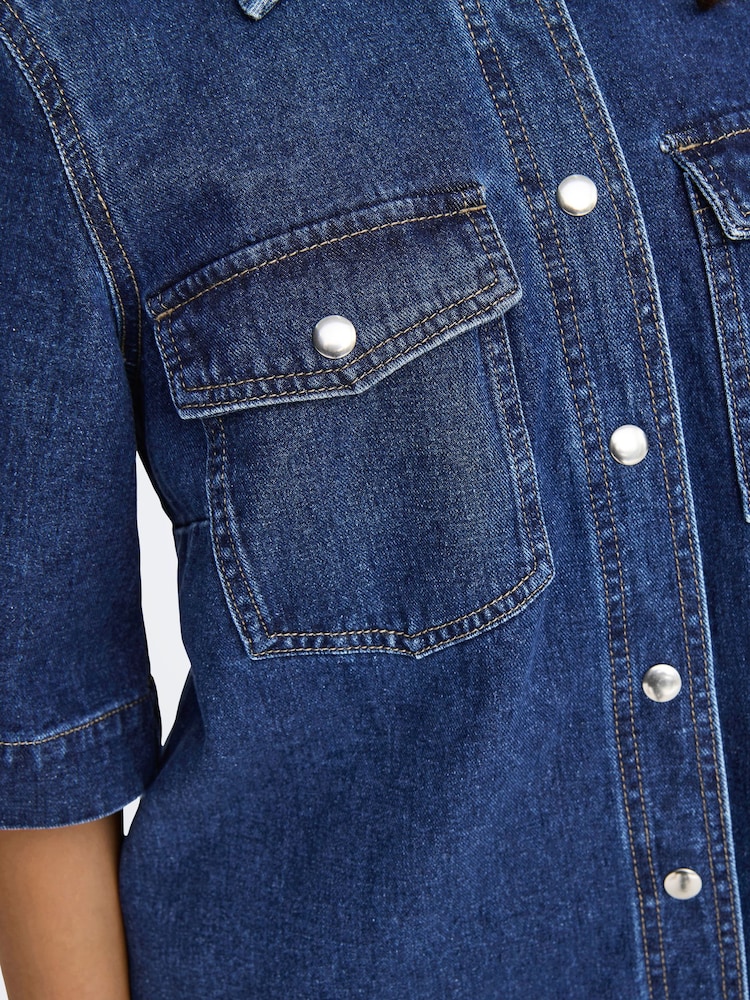 short sleeve denim dress uk ONLY short sleeve denim dress in dark wash blue