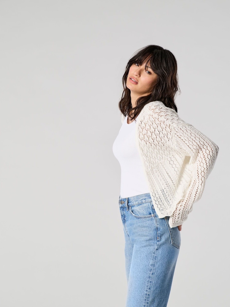 ONLY White Long Sleeved Crochet Knit Open Cardigan - Image 1 of 8 ONLY White Long Sleeved Crochet Knit Open Cardigan - Image 1 of 8