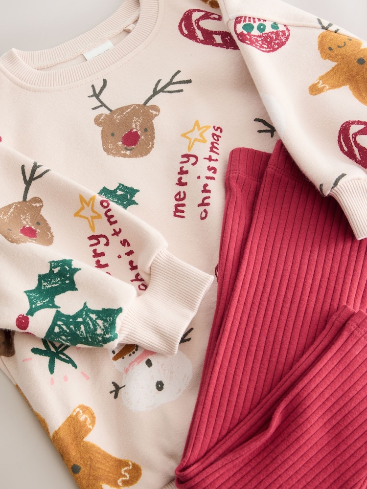 Beige/Red Christmas Print Sweatshirt & Leggings Set (3mths-7yrs) - Image 8 of 8