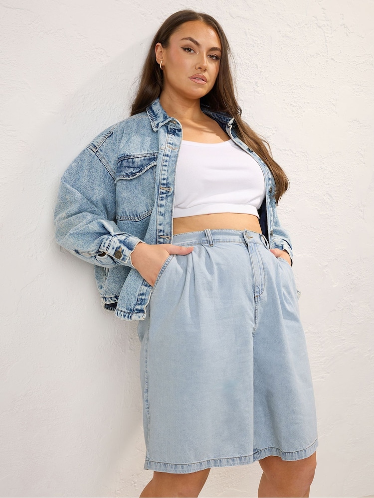 Yours Curve Blue 100% Cotton Bermuda Denim Shorts - Image 1 of 5
