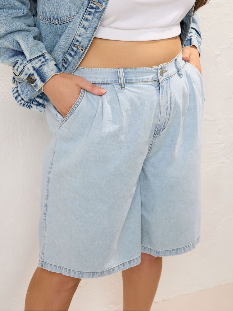 Yours Curve Blue 100% Cotton Bermuda Denim Shorts - Image 5 of 5