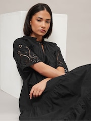 PixieGirl Petite Black Short Sleeve Broderie 100% Cotton Dress - Image 4 of 5