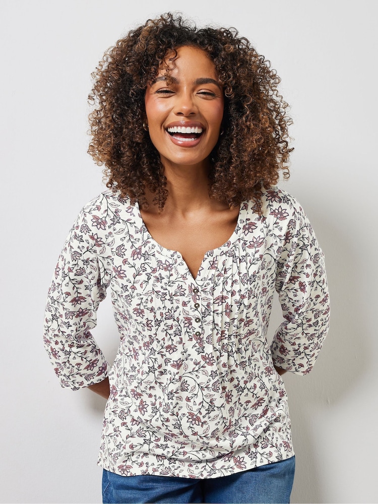 M&Co Natural 100% Cotton Boho Floral 3/4 Sleeve Henley Top - Image 1 of 5