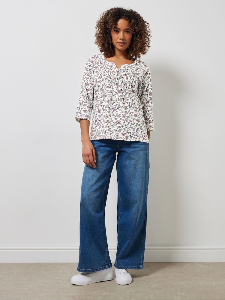 M&Co Natural 100% Cotton Boho Floral 3/4 Sleeve Henley Top - Image 2 of 5