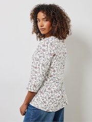 M&Co Natural 100% Cotton Boho Floral 3/4 Sleeve Henley Top - Image 3 of 5