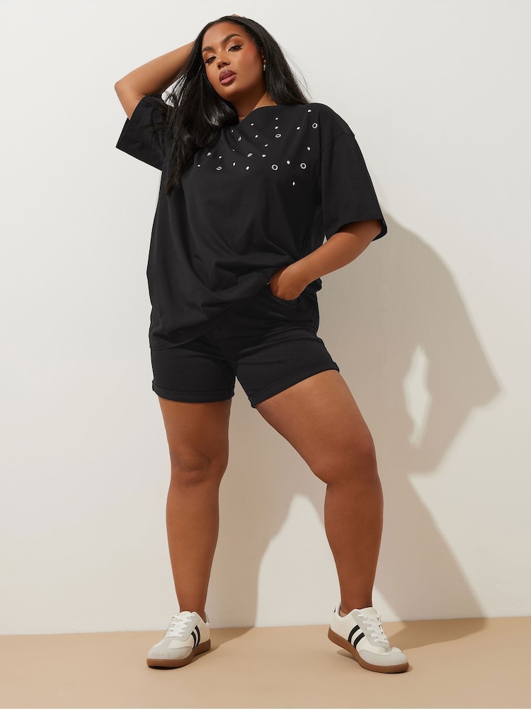 Yours Curve Black Elastic Waist Denim Shorts - Image 2 of 5