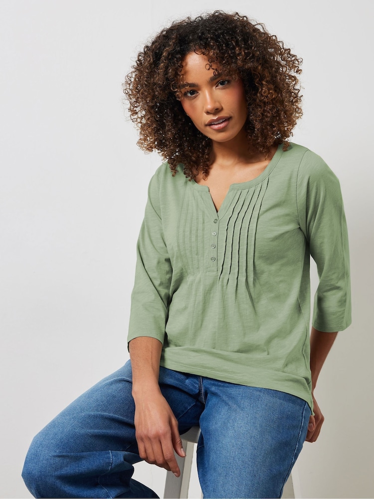 M&Co Green 100% Cotton 3/4 Sleeve Henley Top - Image 1 of 5