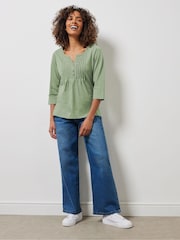M&Co Green 100% Cotton 3/4 Sleeve Henley Top - Image 3 of 5