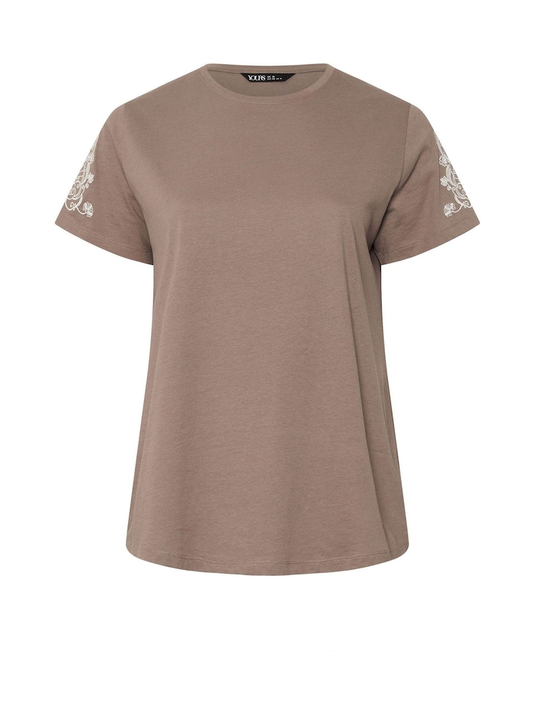 Yours Curve Brown 100% Cotton Embroidered Set In Sleeve T-Shirt - Image 5 of 5 Yours Curve Brown 100% Cotton Embroidered Set In Sleeve T-Shirt - Image 5 of 5