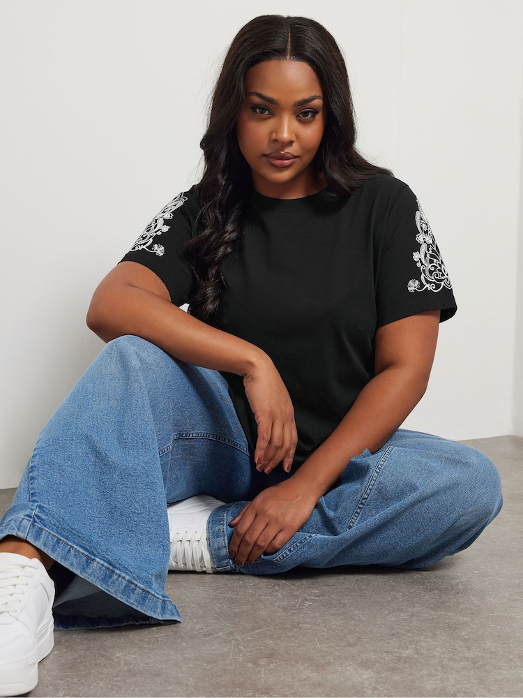 Yours Curve Black 100% Cotton Embroidered Set In Sleeve T-Shirt - Image 1 of 5 Yours Curve Black 100% Cotton Embroidered Set In Sleeve T-Shirt - Image 1 of 5