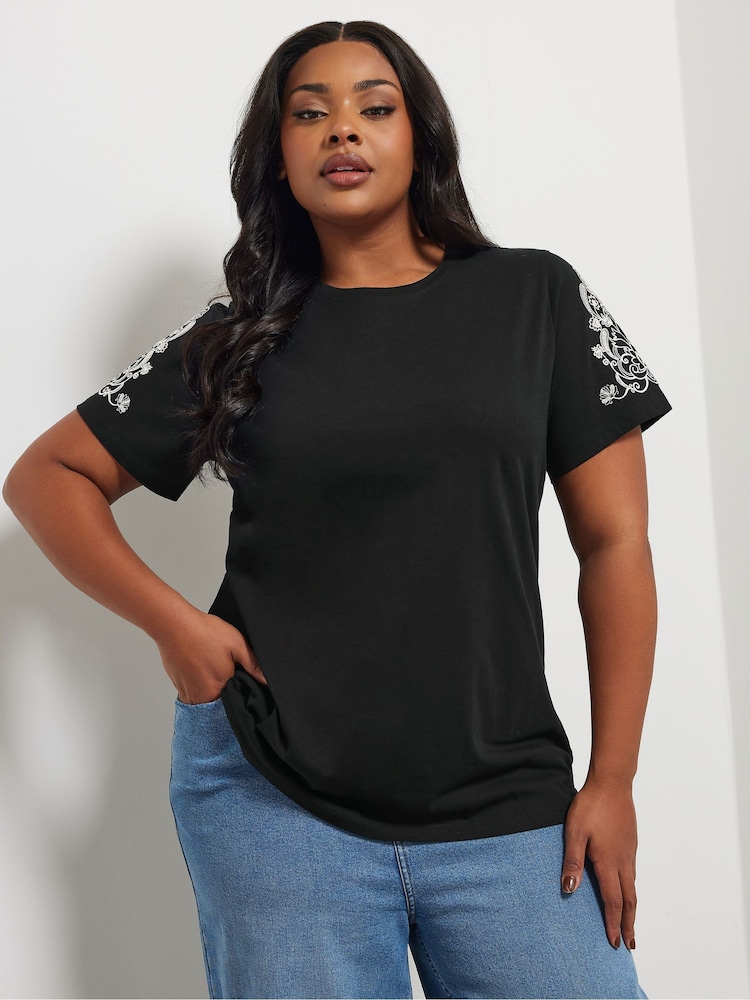 Yours Curve Black 100% Cotton Embroidered Set In Sleeve T-Shirt - Image 2 of 5 Yours Curve Black 100% Cotton Embroidered Set In Sleeve T-Shirt - Image 2 of 5