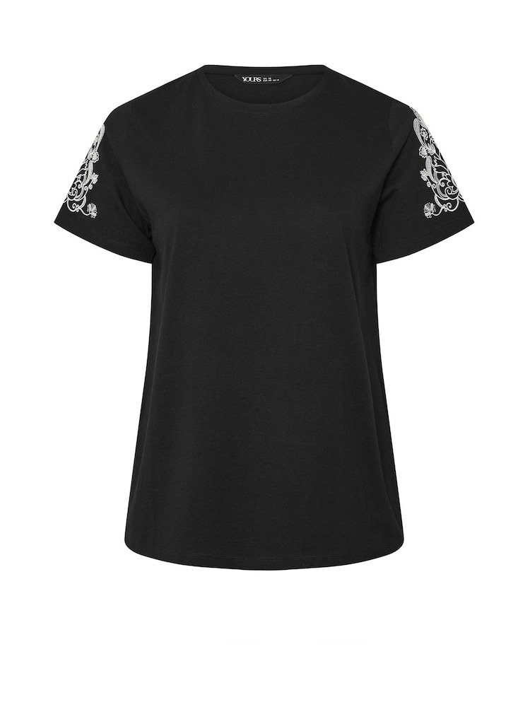 Yours Curve Black 100% Cotton Embroidered Set In Sleeve T-Shirt - Image 5 of 5 Yours Curve Black 100% Cotton Embroidered Set In Sleeve T-Shirt - Image 5 of 5